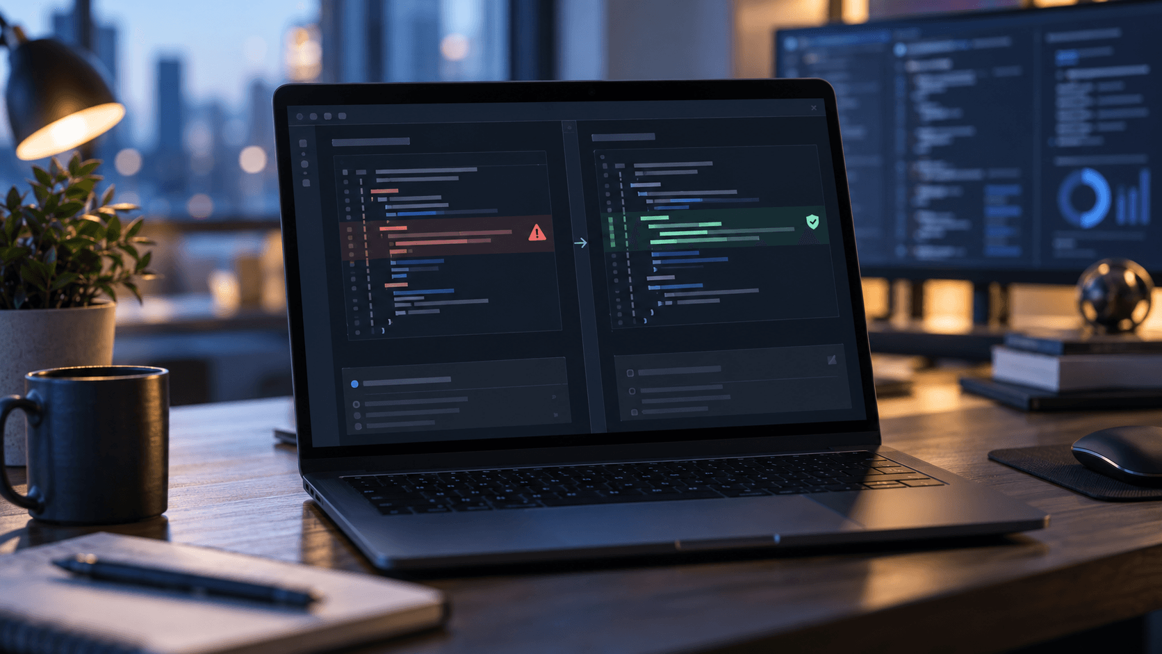 Illustrative code review screen with a security finding and proposed fix; no real GitHub alert is shown.