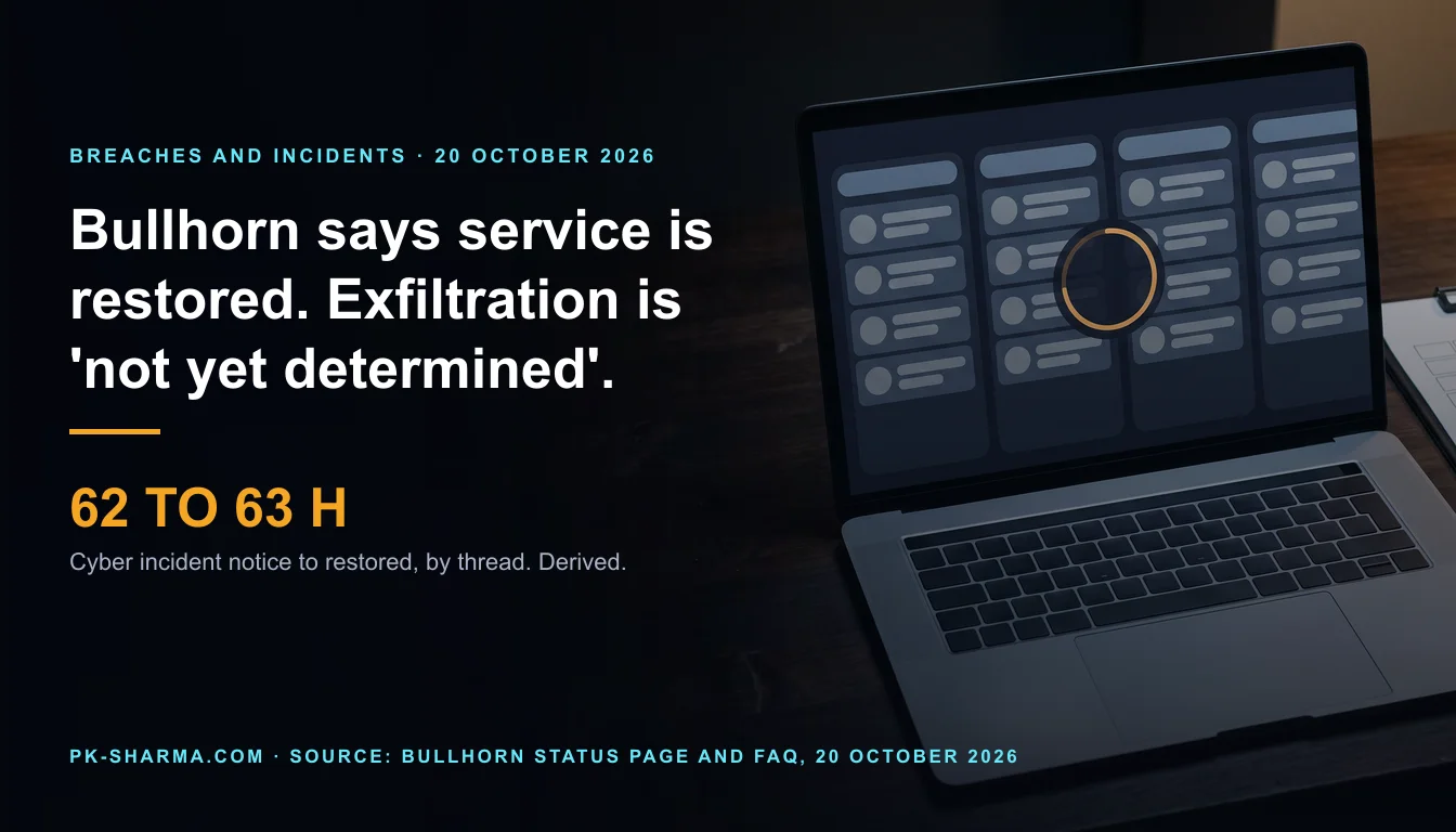 Editorial illustration for the briefing: Bullhorn says service is restored 62 to 63 hours after its cyber incident notice; exfiltration 'not yet determined'