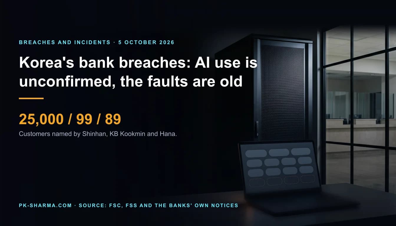 A dark bank back-office after hours: a laptop open on an incident board of blank rounded tiles, a row of them hollow amber outlines, in front of a closed server rack, with an empty banking hall visible through a glass wall.