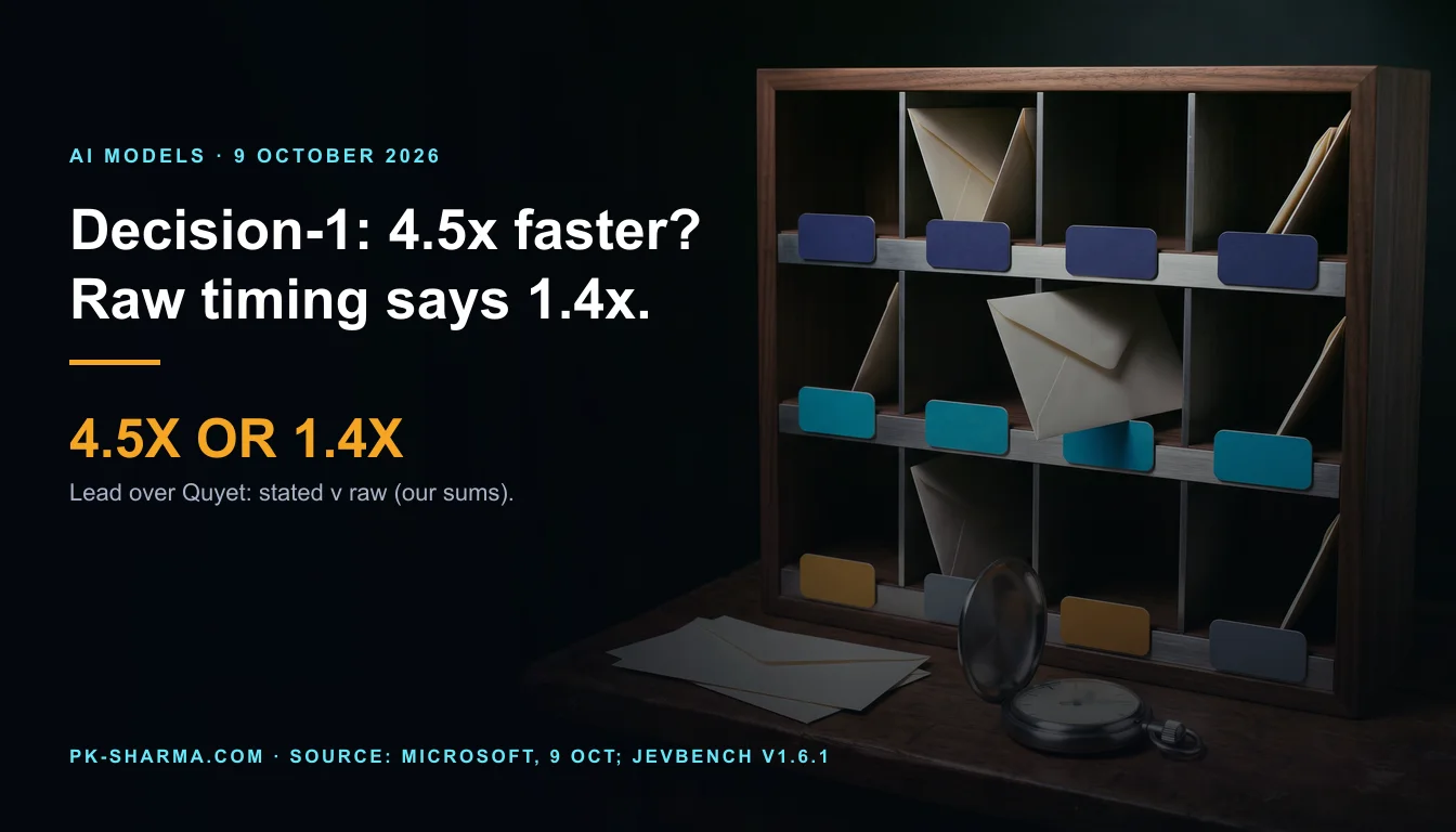 A dark room with a dark walnut pigeonhole sorting frame at the right, three rows of four slots with blank colour tabs in indigo, cyan, amber and slate grey, holding cream envelopes at different depths. A steel pocket stopwatch with a plain dial lies open on the bench in front of it, beside two loose blank envelopes. No writing appears anywhere, and the left of the picture is empty dark.