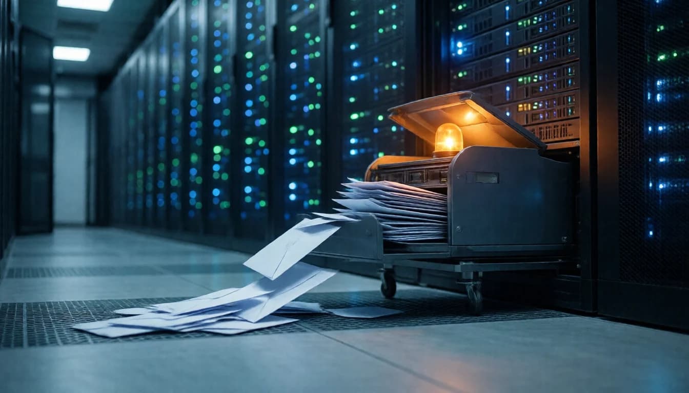 A rack-mounted mail appliance pulled out of its rack in a data centre aisle, its amber beacon lit and envelopes spilling across the floor.