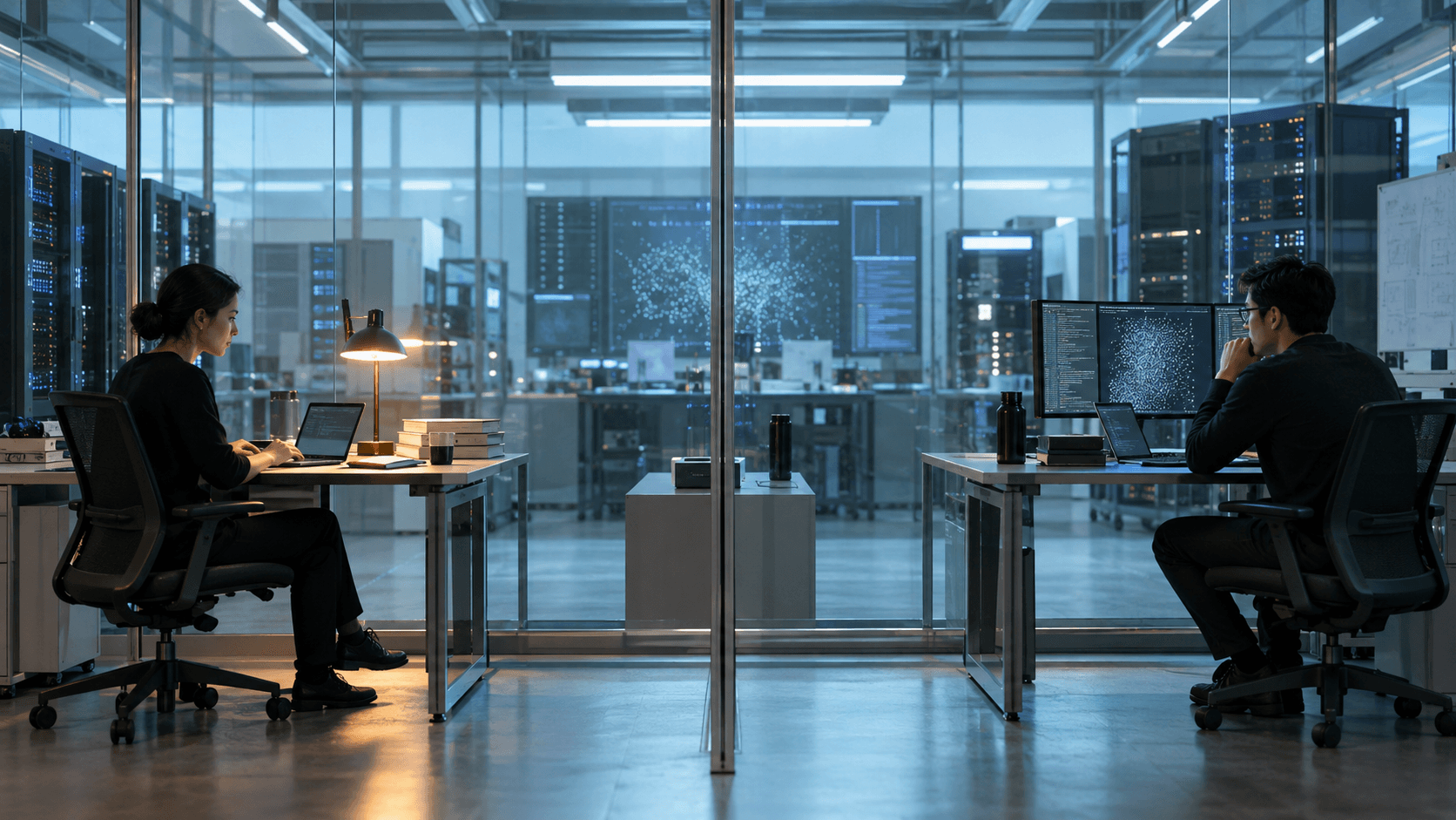 Independent evaluators observe a glowing artificial intelligence system from a glass-walled technical laboratory.