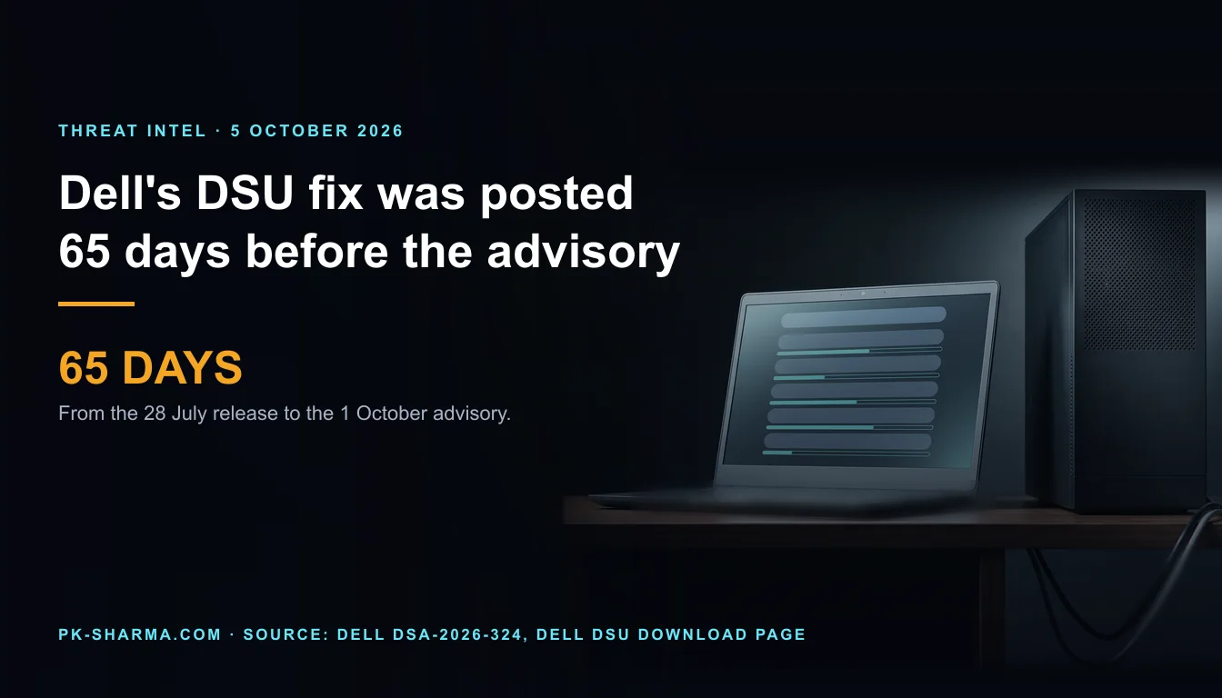 Editorial illustration for the briefing: Dell posted the DSU fix 65 days before it called the flaw critical, and the download says Optional