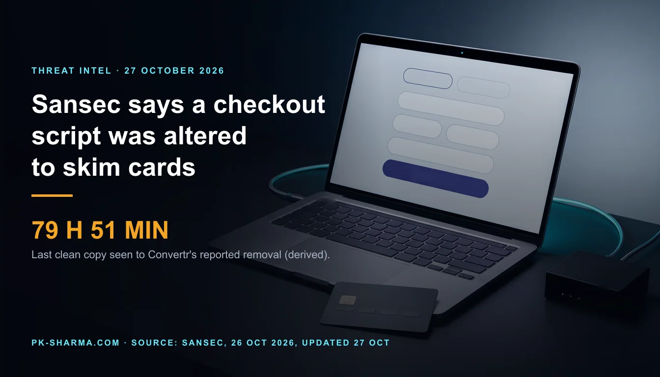A dark desk at night. An open laptop shows a checkout form drawn as blank rounded pills with a plain indigo button. In front of it lies a blank dark payment card with an empty chip square, and at the far right a small black unmarked box is joined to the laptop by a glowing cyan cable. The left half is dark, with the headline and a stat drawn over it: 79 hours 51 minutes.