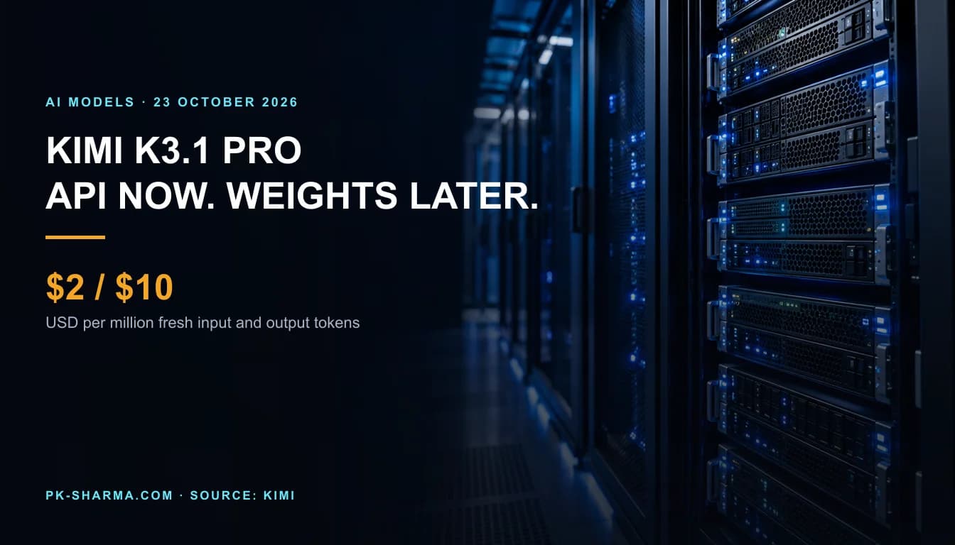 Editorial illustration of an AI data-centre rack beside the Kimi K3.1 Pro headline, noting API access now, weights later and $2 input/$10 output pricing per million tokens.