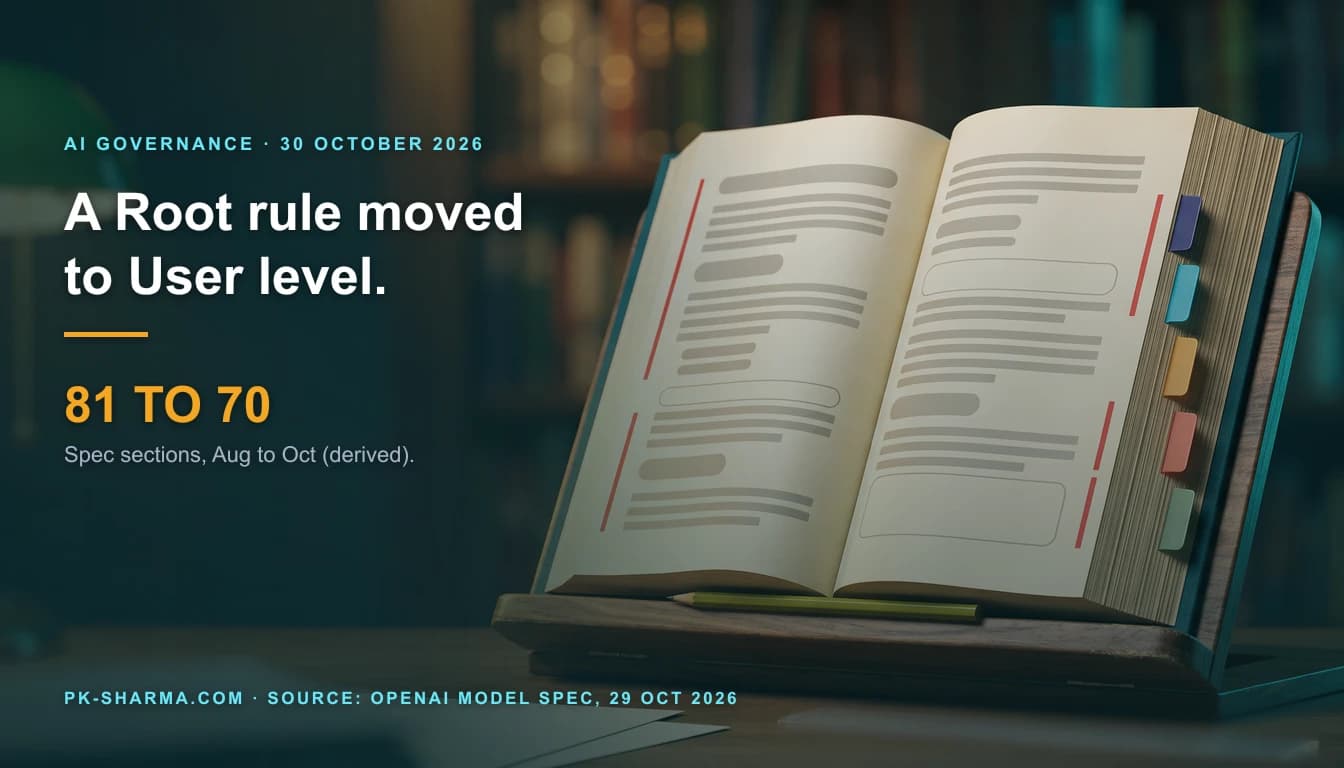 A thick bound rulebook stands open on a walnut lectern, lit by a warm amber lamp with a teal rim light. Five blank coloured tabs sit along the edge of the pages, red redline strips run down the margins of several pages, and a pencil lies across the lower edge with a plain ruler on the desk. The left side is empty dark teal, with the headline and a stat drawn over it: 81 to 70.