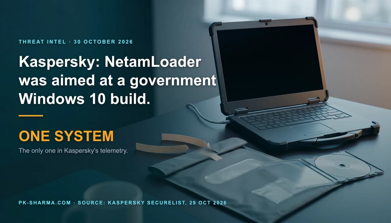 A rugged dark laptop with a blank screen open on a desk in cold light, beside a grey courier pouch whose pale orange security seal has been cut into two bands, and an open disc case holding one plain disc. The left of the picture is deep teal and carries the headline over it: Kaspersky: NetamLoader was aimed at a government Windows 10 build, with one system the only one in Kaspersky's telemetry.