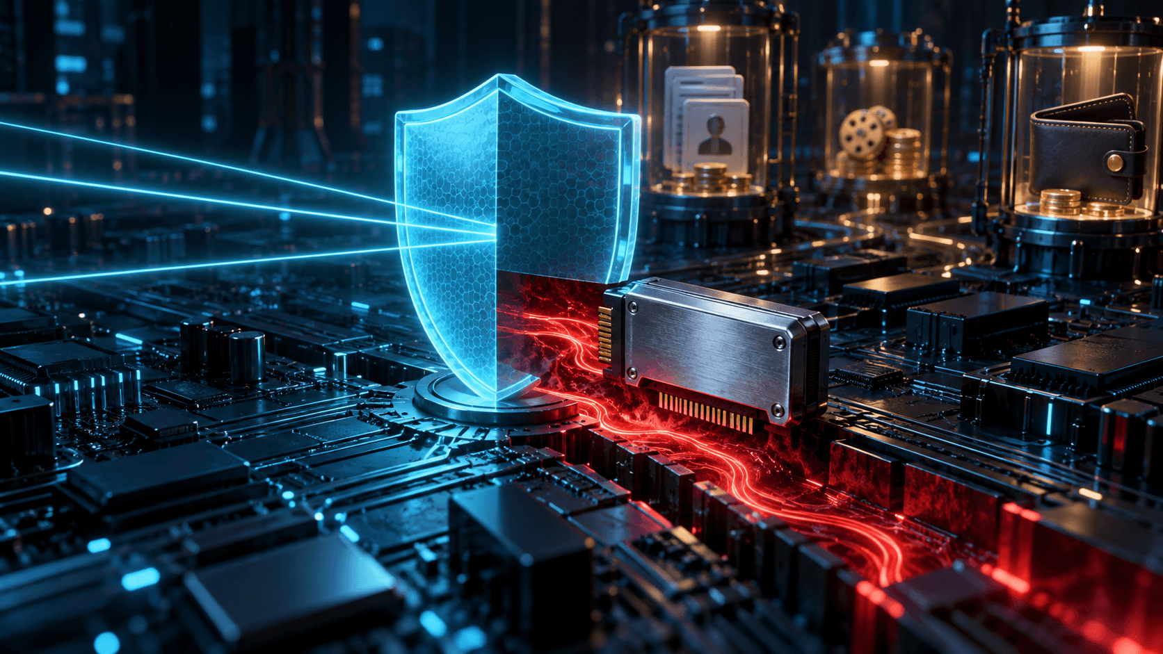Editorial illustration of a malicious loader passing through a signed kernel driver layer while security-monitoring signals dim around a Windows endpoint.
