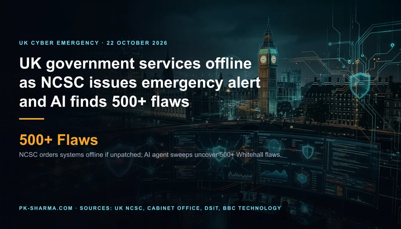 Conceptual visualization of United Kingdom government digital infrastructure and cyber defense operations showing a futuristic operations room overlooking London.