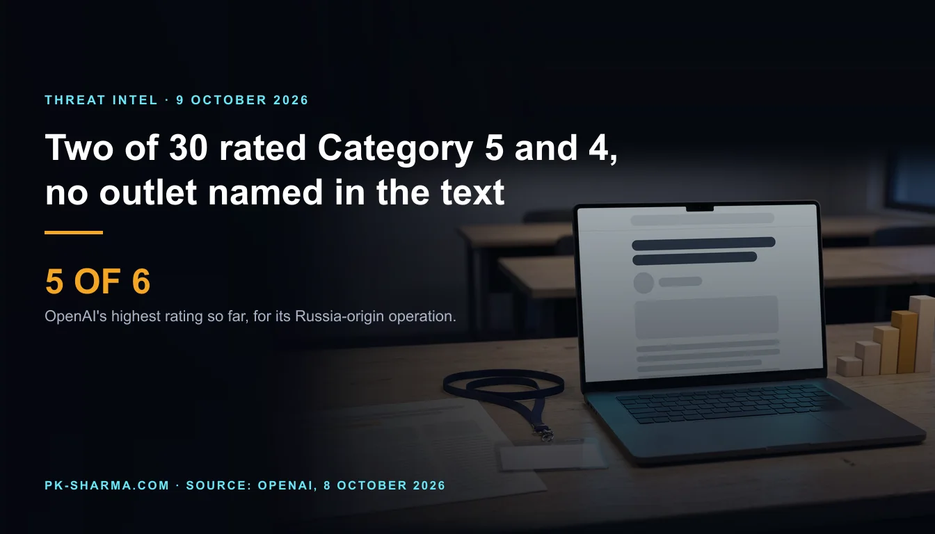 An empty newsroom desk at dusk with an open laptop showing an article page made of blank shapes, a blank press-pass lanyard, a printed page proof with one highlighted byline slot and a row of wooden blocks stepping upward, two of them amber. No people. Overlaid text reads: Two of 30 rated Category 5 and 4, no outlet named in the text, 5 of 6.