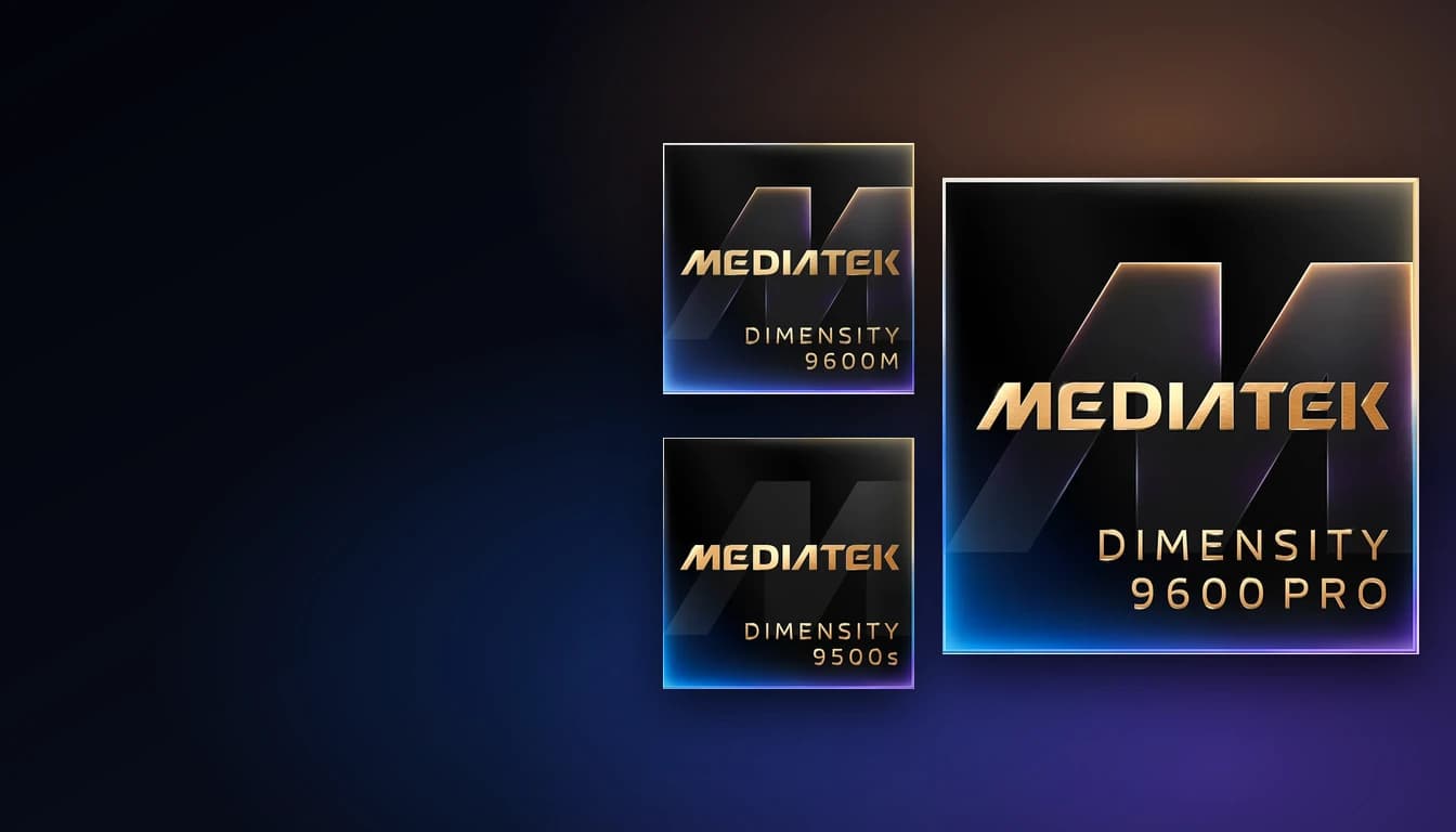 MediaTek chip artwork for the Dimensity 9600 Pro, shown large, beside smaller badges for the Dimensity 9600M and Dimensity 9500s on a dark background.