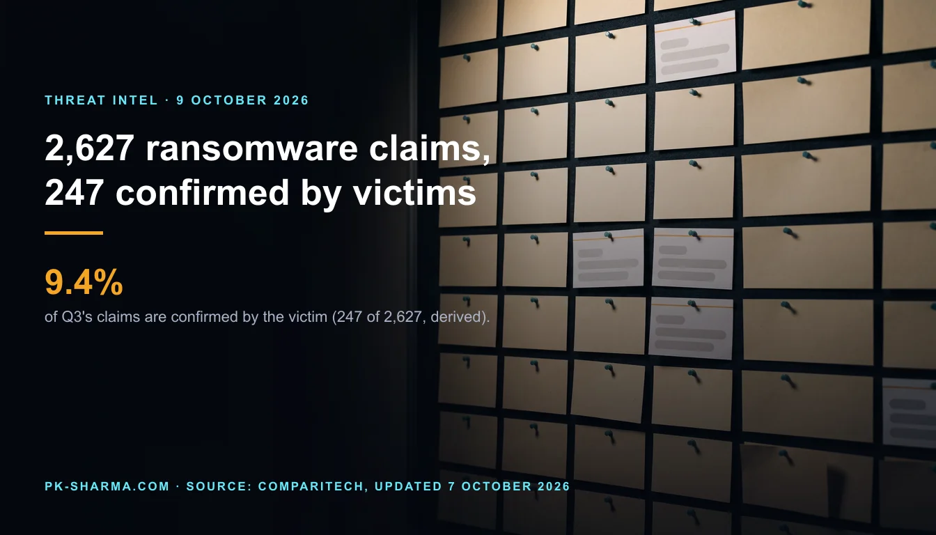 A dark pinboard covered in rows of pinned paper index cards, nearly all turned face-down and blank, with a few turned face-up to show blank white faces with empty grey bars. Text on the left reads: 2,627 ransomware claims, 247 confirmed by victims. 9.4% of Q3's claims are confirmed by the victim (247 of 2,627, derived).