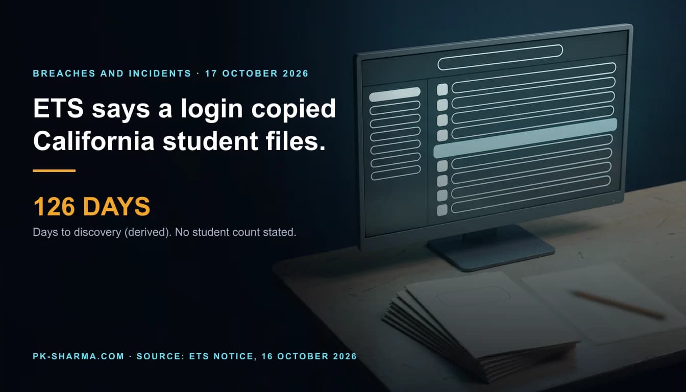 A dark school classroom desk lit by a flat monitor. The screen shows a generic file list made only of blank rounded bars, one selected in pale cyan. A stack of unmarked cream test booklets and a soft out-of-focus answer sheet with a pencil lie in front. The left half is empty dark blue, with the headline and a stat drawn over it: 126 days.