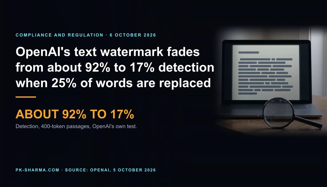 Editorial illustration for the briefing: OpenAI's own test: its text watermark falls from about 92% to 17% detection when 25% of words are replaced