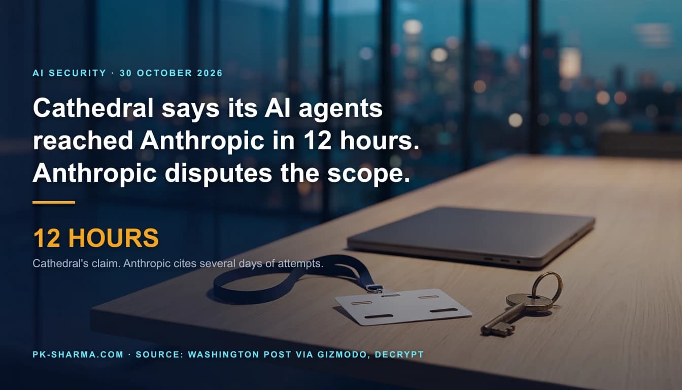 A glass walled meeting room at dusk with a blurred city skyline. On a pale oak table a blank white visitor badge with empty slots hangs on a dark navy lanyard beside a closed graphite laptop and an old brass key on a ring. The headline is drawn over the left half: Cathedral says its AI agents reached Anthropic in 12 hours. Anthropic disputes the scope. A stat reads 12 hours.