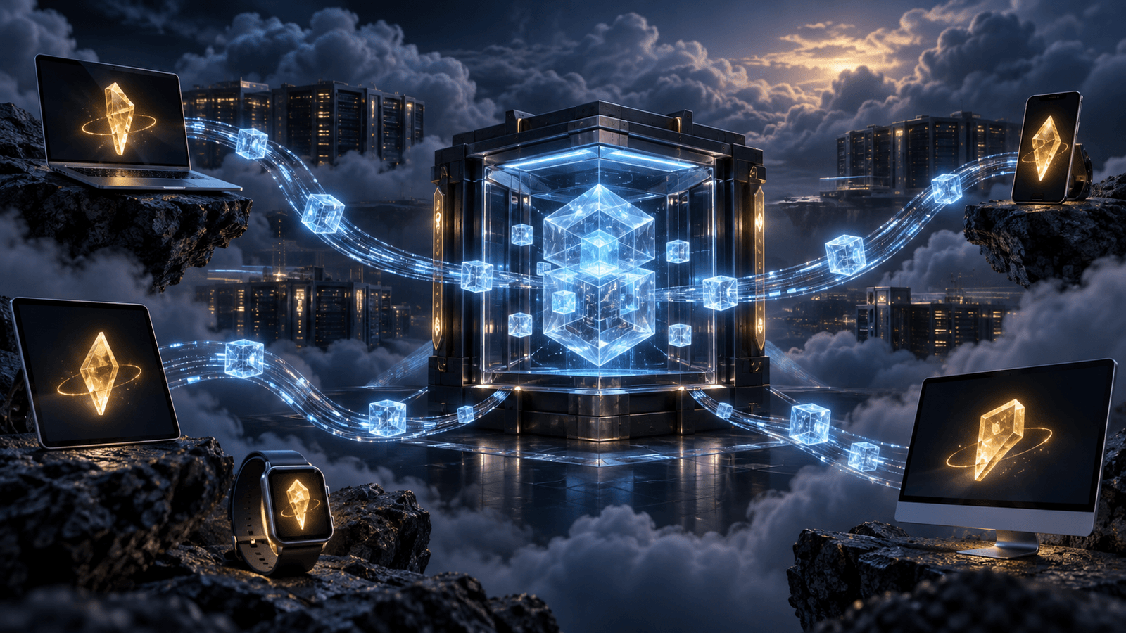 A protected cloud memory vault connected to personal devices that retain glowing cryptographic key fragments.