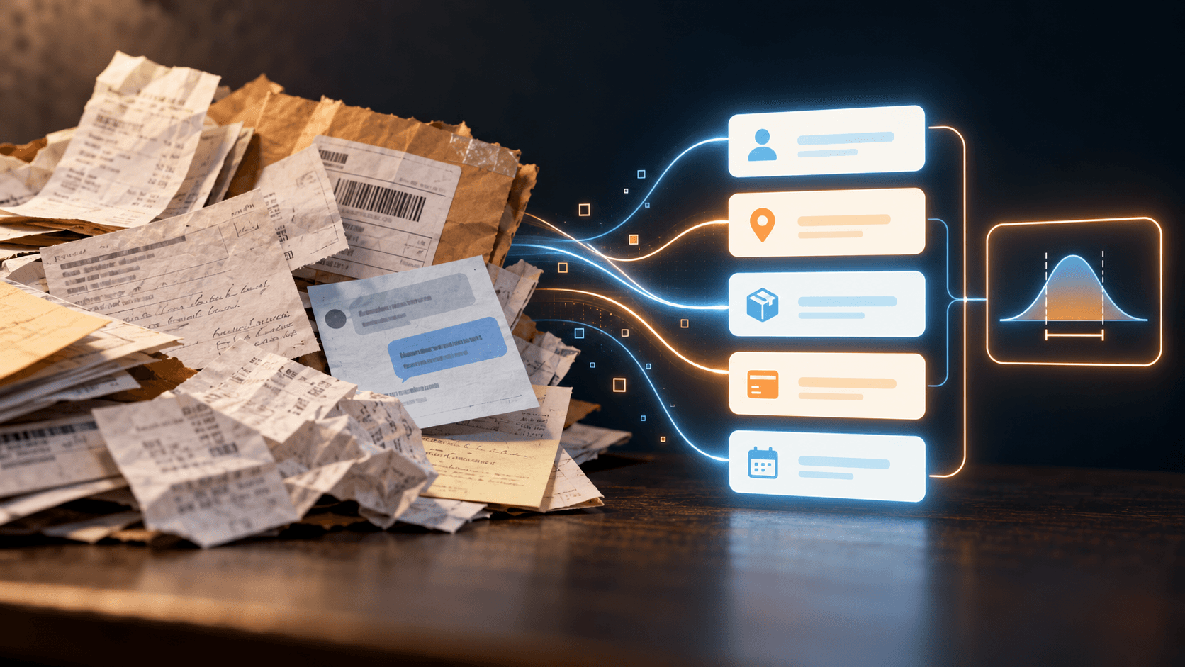 Editorial illustration of documents transformed into typed fields and a bounded probability curve.