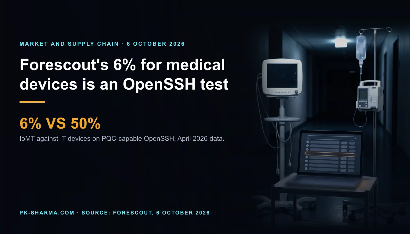 A dark hospital corridor at night with, on the right, a wheeled patient monitor with a blank screen, a drip stand carrying a fluid bag and an infusion pump, and in front of them an open laptop on a trolley whose screen shows a device list of eight blank rounded rows, one outlined in amber, to suggest a device inventory with nothing filled in.