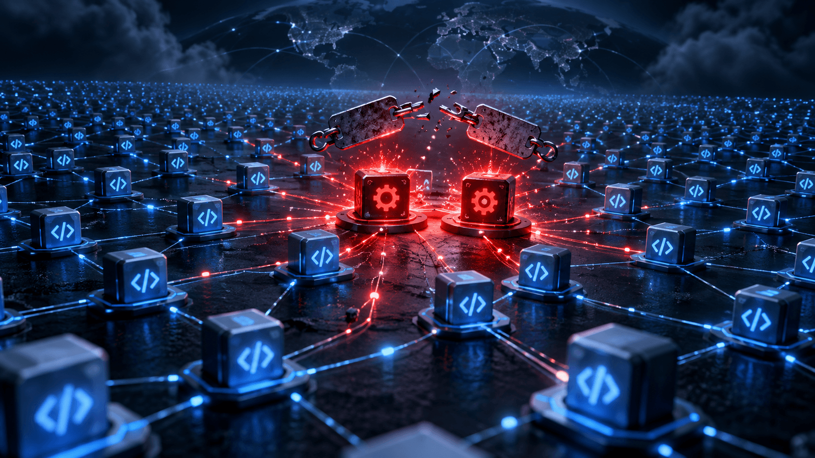 Two reactivated automation modules radiating a red alert through a large network of connected software repositories.