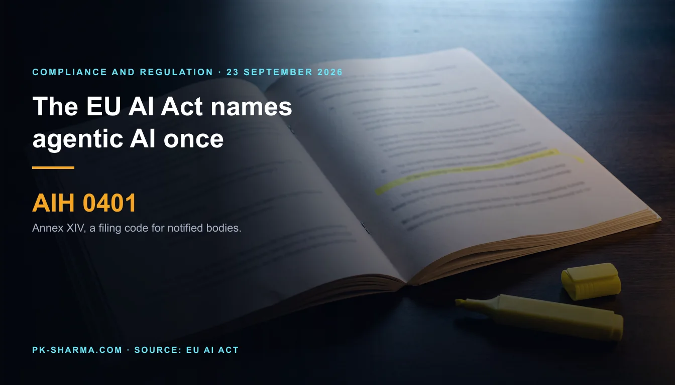 Editorial illustration for the briefing: The EU AI Act names agentic AI once, in a list of filing codes for notified bodies