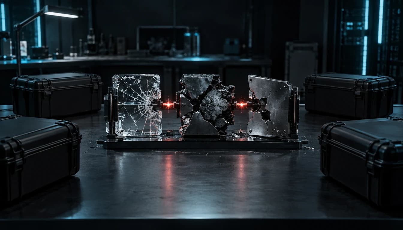 AI-generated threat-intelligence still life of three fractured security layers surrounded by four evidence cases.