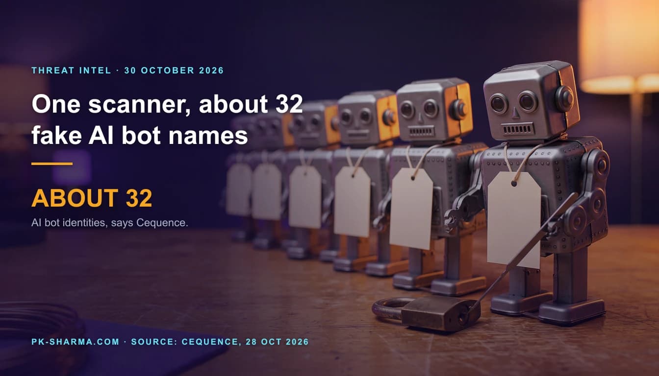 A row of seven identical small tin toy robots with blank cream name tags stands on a worn wooden table in amber and violet light, and the nearest holds a thin lockpick in the keyhole of a small brass padlock. The left side is deep violet and carries the headline over it: One scanner, about 32 fake AI bot names, with the stat ABOUT 32 and the note AI bot identities, says Cequence.