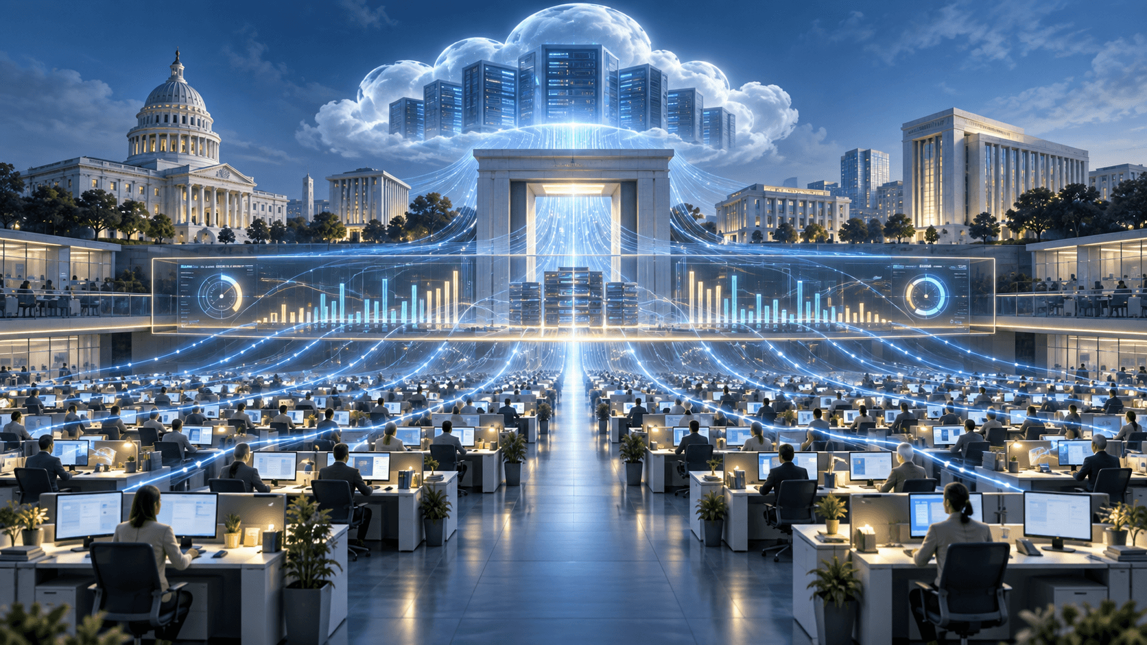 A large public-sector workforce connected through a secure AI gateway to cloud computing and usage measurement.