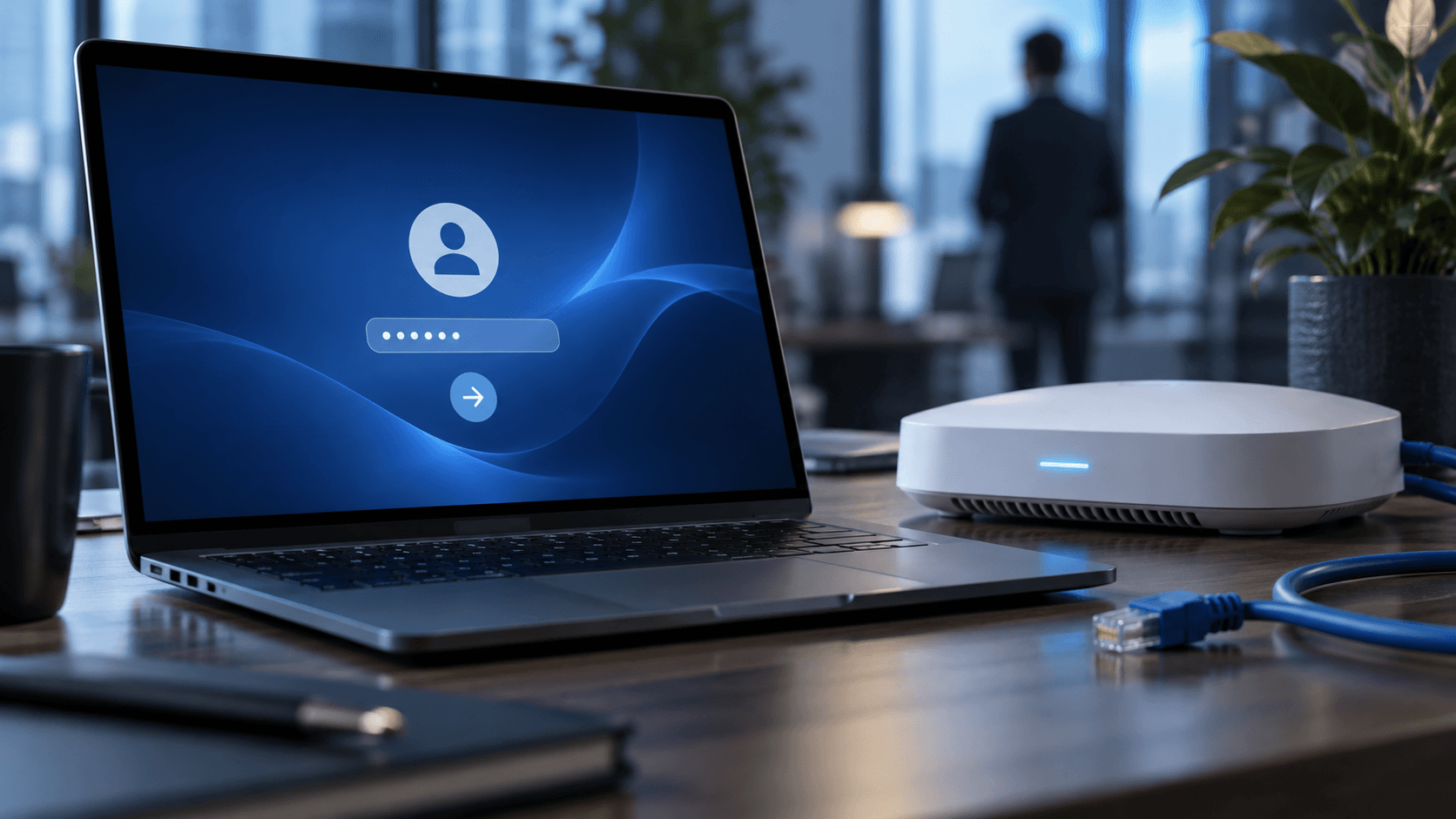 Illustration of a laptop login screen beside an office network access point; no actual Windows configuration is shown.