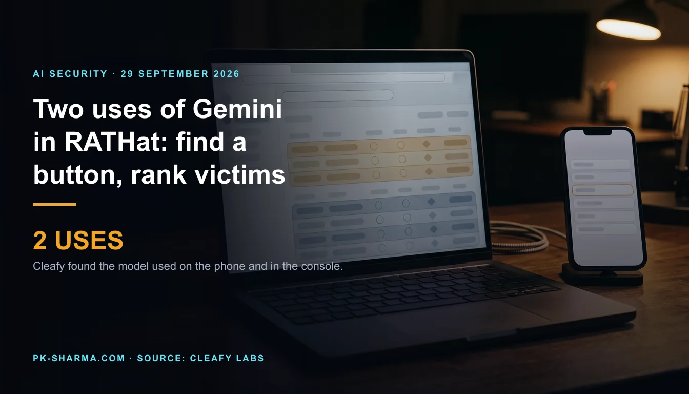 Editorial illustration for the briefing: Cleafy found two uses of Gemini in RATHat: finding a button to tap and ranking victims by balance