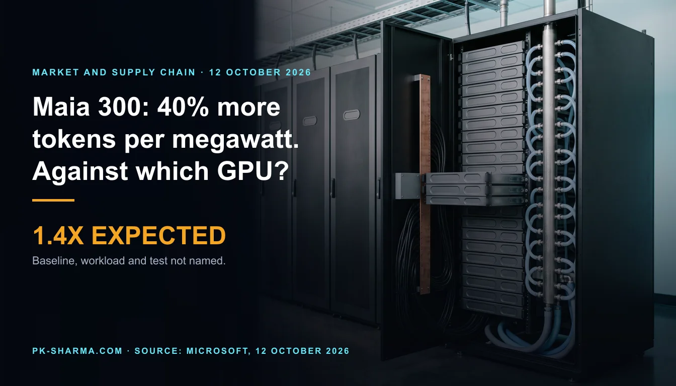 A dark datacentre aisle with one open rack at the right. Inside it a stack of blank grey accelerator trays, three pulled forward, a vertical copper power bar with black cables, and a steel coolant manifold with pale blue hoses. A row of closed racks recedes behind it. The left half is empty dark blue, with the headline and a stat drawn over it: 1.4X expected.