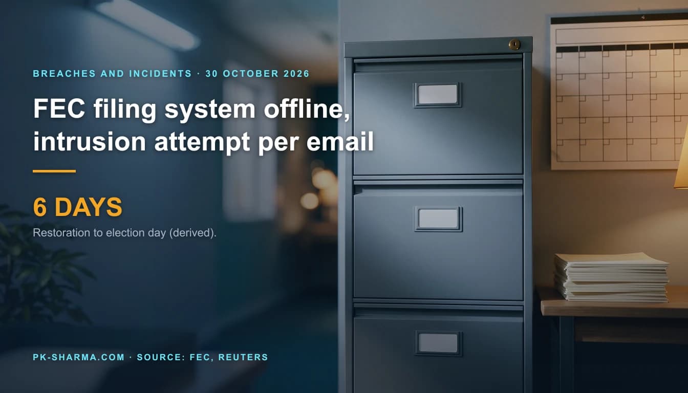 A quiet records office in cold blue light: a tall grey steel filing cabinet with three drawers, each with an empty blank label card, a small brass lock on top, a stack of blank cream forms on a wooden table and a wall calendar page of empty day squares, with a warm lamp at the right edge. On the left the headline reads: FEC filing system offline, intrusion attempt per email. 6 DAYS from restoration to election day, derived.
