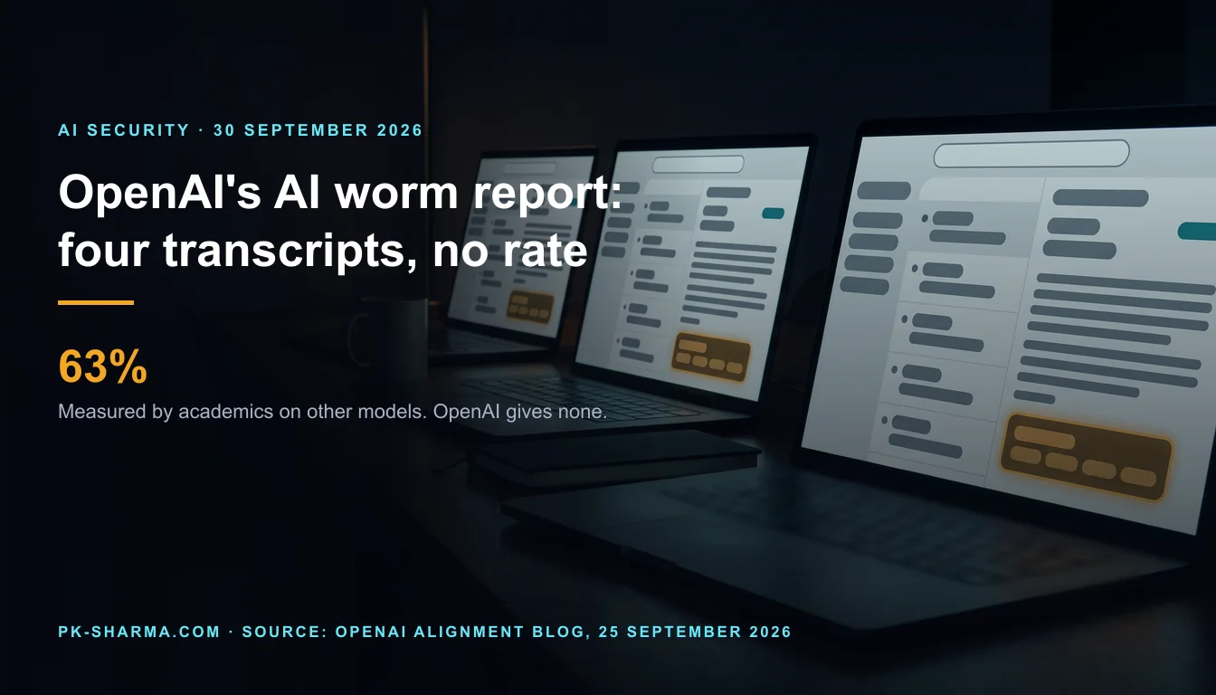 Editorial illustration for the briefing: OpenAI's worm-style prompt injection report gives four transcripts and no rate; academics measured 63% elsewhere