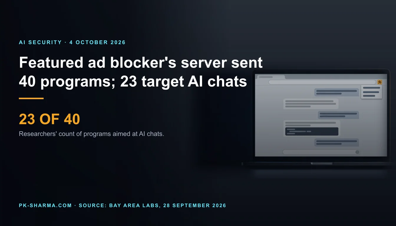 Editorial illustration for the briefing: A Featured ad blocker's server returned 40 programs on the day researchers asked; 23 target AI chats