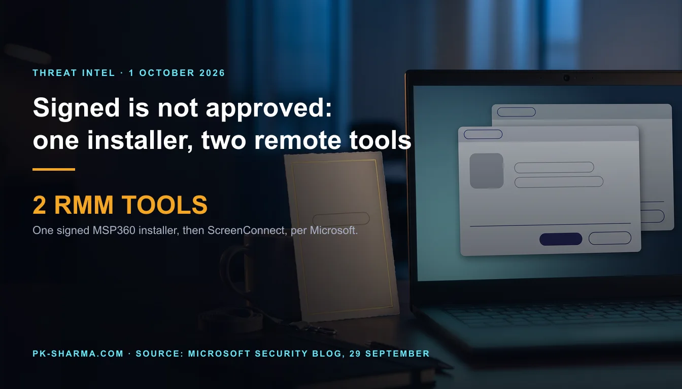 A laptop on a desk at dusk shows two identical software installer prompts stacked one behind the other, with a blank cream invitation card propped against a mug beside it.