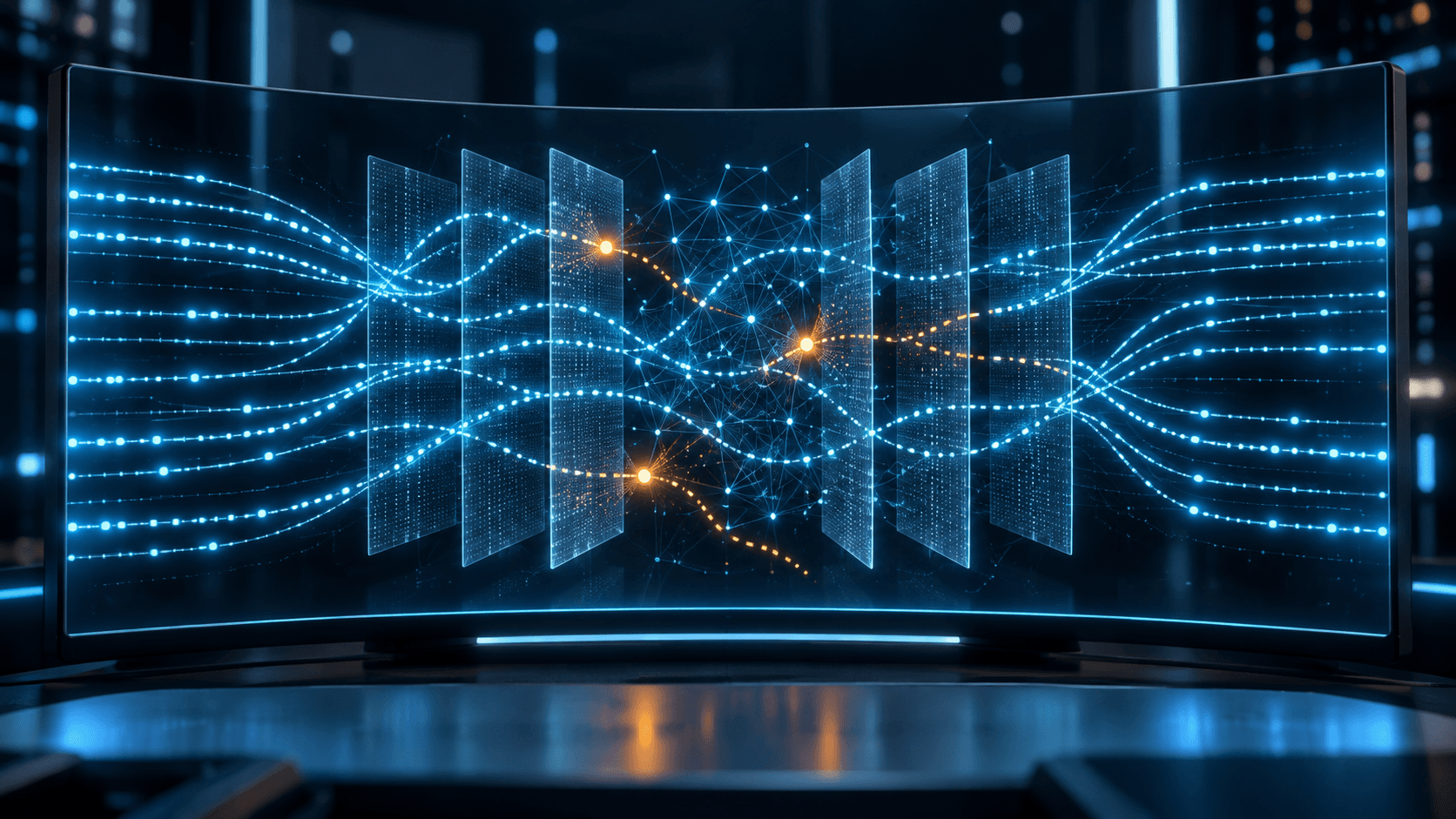 Editorial illustration of network packets passing through multiple analysis layers while a small number of anomalies glow amber.