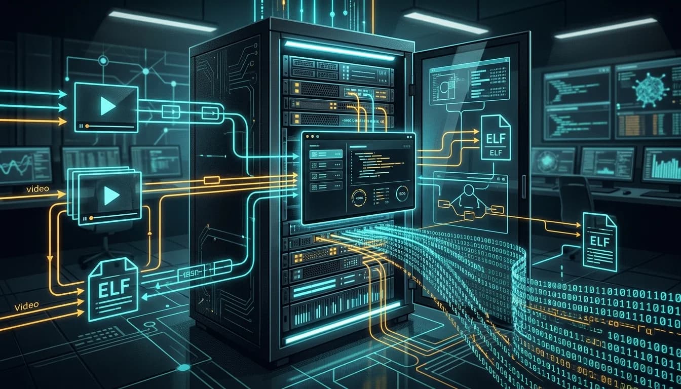 Enterprise media server rack illuminated with neon amber and cyan data streams, network packets flowing into internal loopback routing and transcoder frames converting into ELF shared objects.