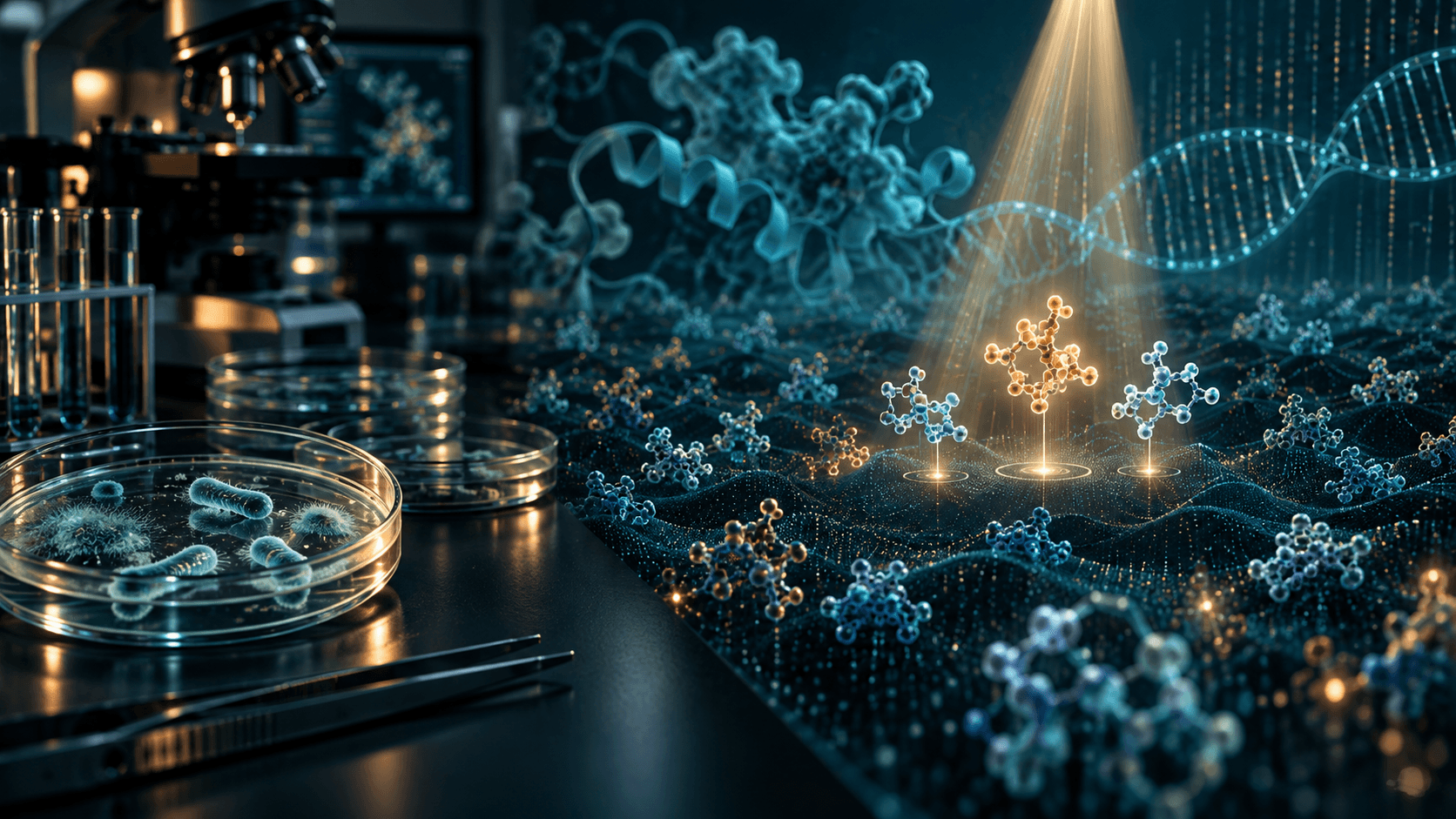 A laboratory search beam selects promising molecular candidates from a vast landscape of biological sequences.