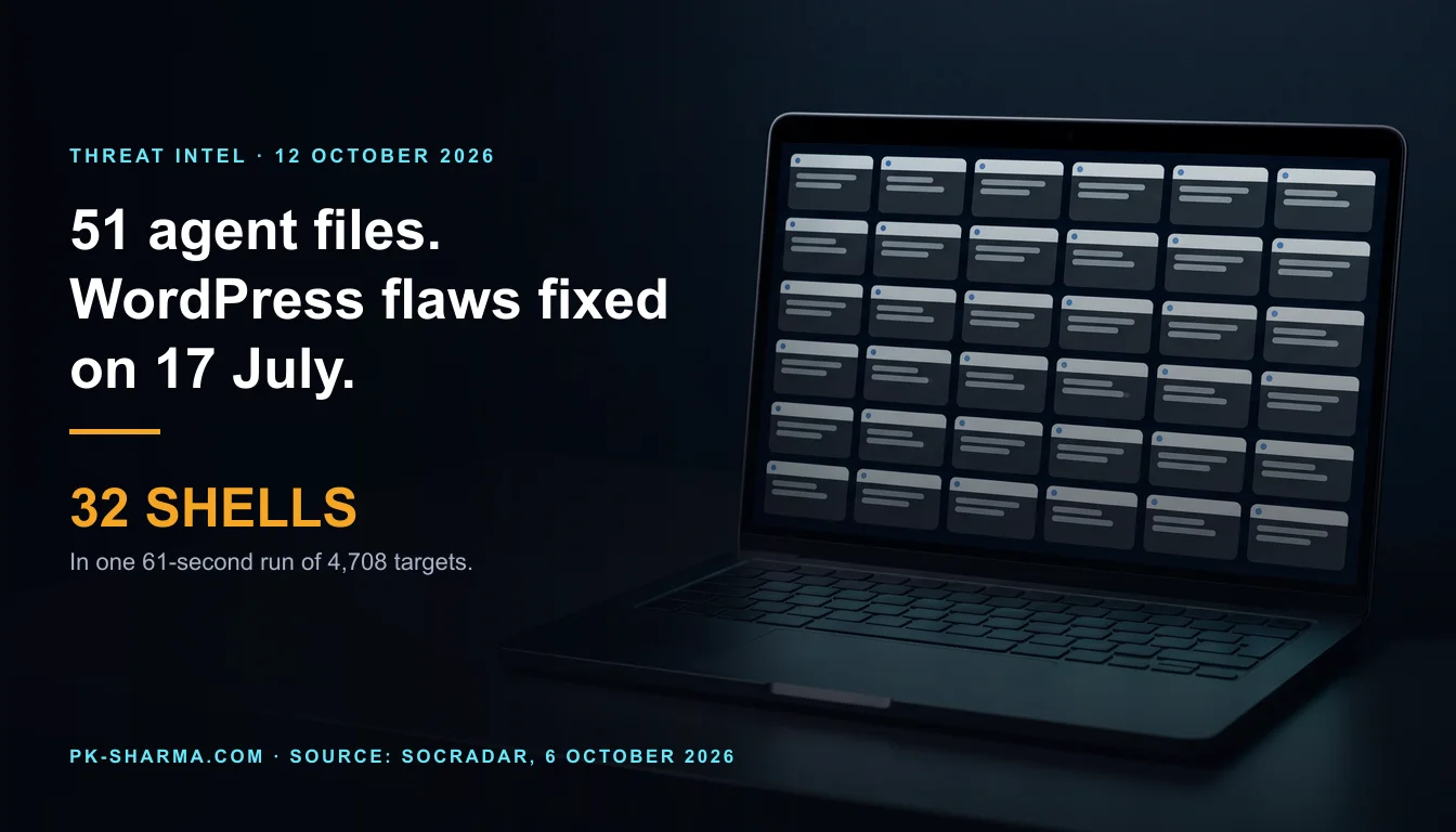 A dark desk in low blue light with one open laptop on the right. Its screen is tiled with about three dozen small identical blank windows, each with a pale title bar and two grey bars, and the keys are blank. The left half is empty dark blue, with the headline and a stat drawn over it: 51 agent files, WordPress flaws fixed on 17 July, 32 shells.