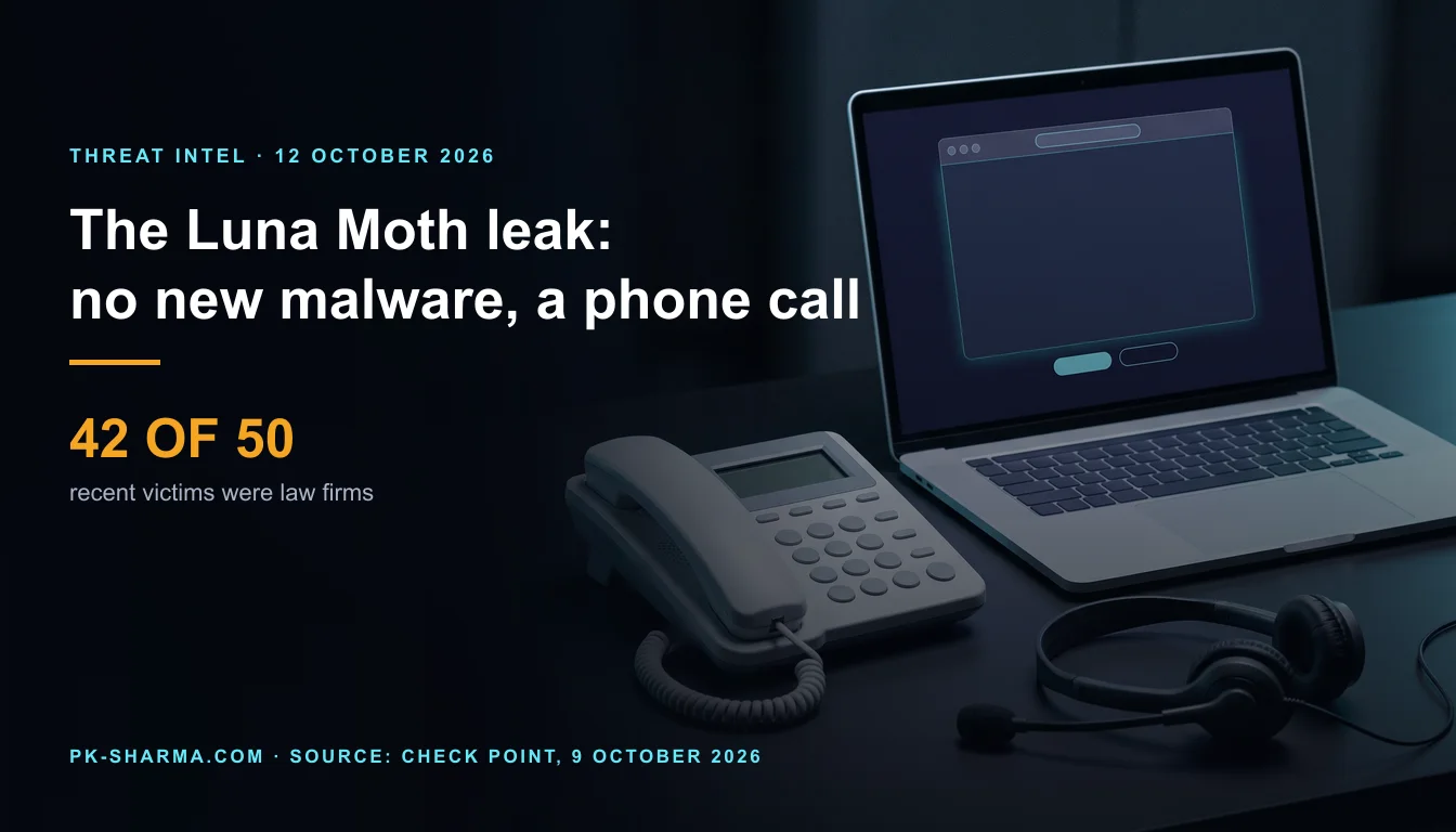 A dark help-desk desk at night. A white desk telephone with blank round keys and its handset in the cradle sits beside an open laptop whose screen shows an empty remote-session window with blank pills, and a black headset with a boom microphone lies in front. The left half is empty dark blue, with the headline and a stat drawn over it: 42 of 50 recent victims were law firms.
