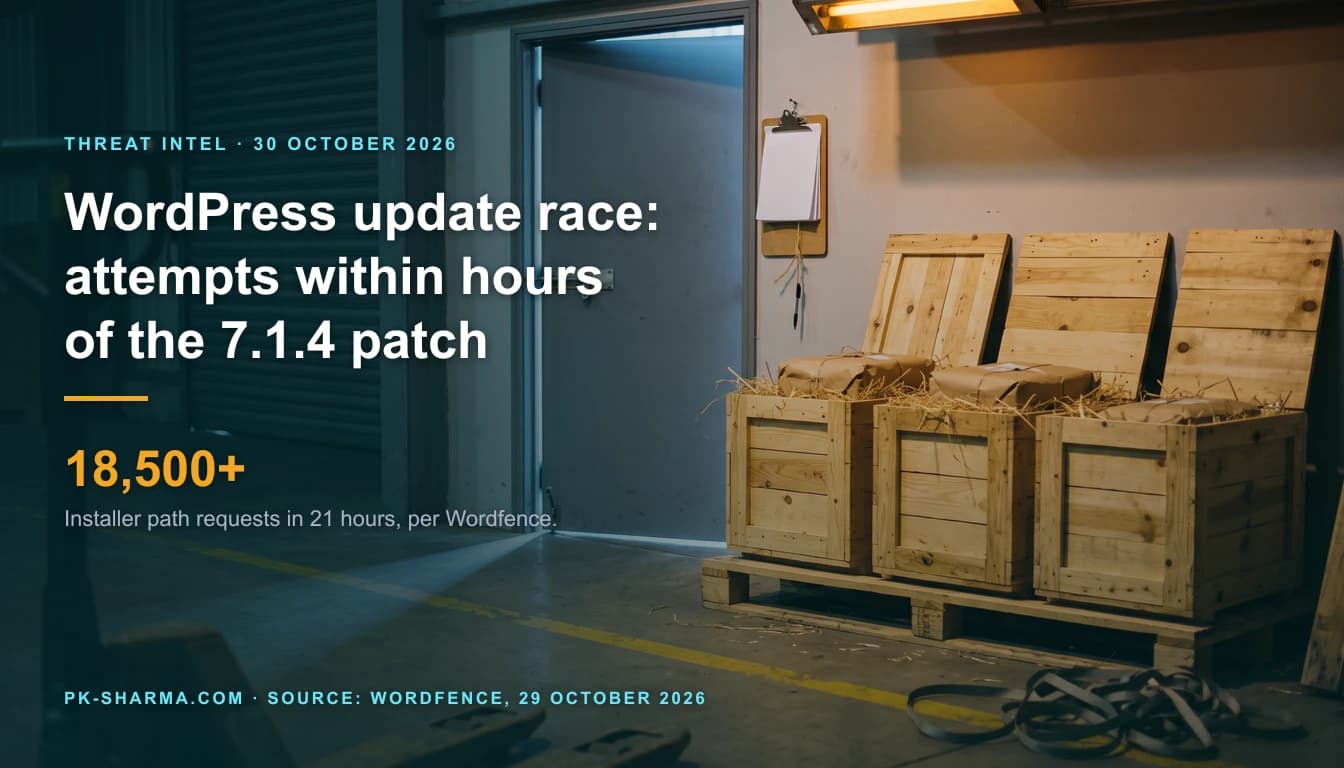 A night time warehouse loading bay. On a wooden pallet stand three open pale pine crates with packing straw and brown paper parcels half lifted out, as if being unpacked. Beside them a grey steel side door has been left ajar, with the bolt unlatched and a wedge of cold light on the floor. A clipboard with blank sheets hangs on the wall. The headline on the left reads: WordPress update race: attempts within hours of the 7.1.4 patch. 18,500+.