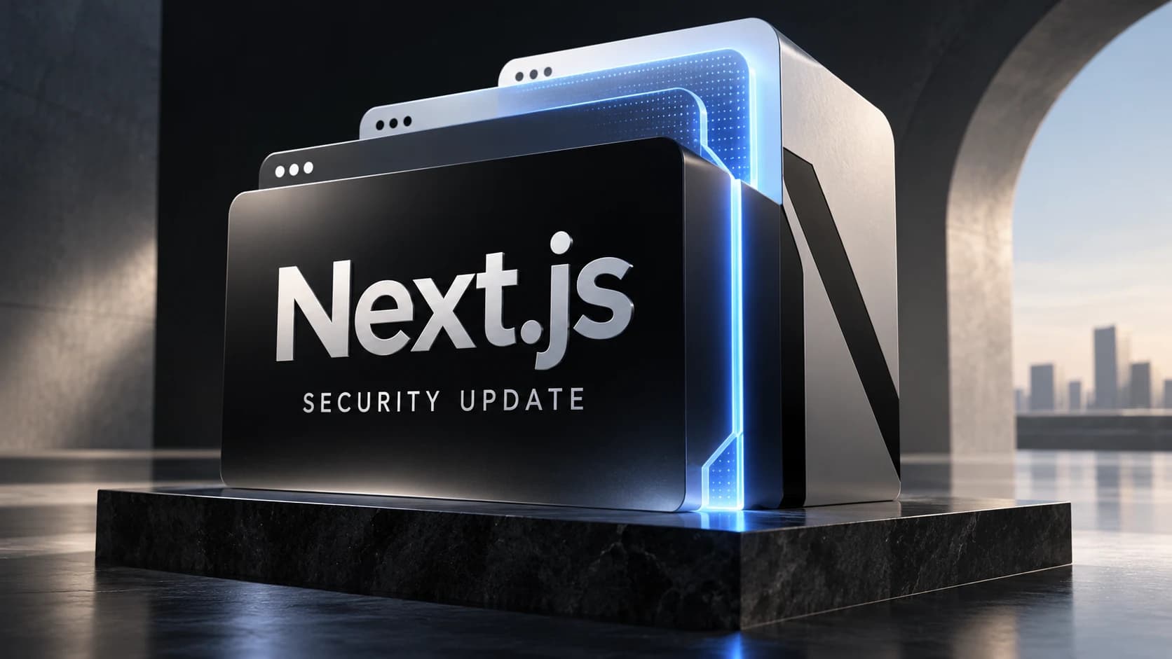 AI-generated editorial illustration of layered black-and-white web panels with blue light, labelled Next.js security update.