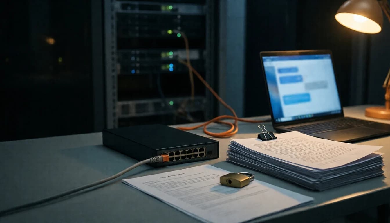 A network switch with an orange cable, a laptop showing chat bubbles, stacked papers and a small padlock on a server-room bench.