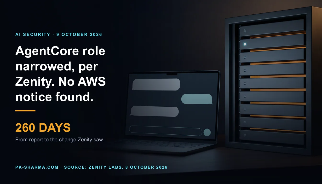 A dark room with a graphite laptop on a walnut desk at the right of the picture. Its screen shows a chat of empty message pills with one cyan pill sent. Beside it stands a charcoal cabinet holding a stack of identical dark modules, one with a cyan status light, with an amber strip glowing between the modules as a shared rail. The left of the picture is empty dark, with the headline and a stat drawn over it: 260 days.