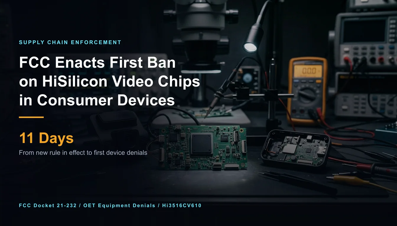 Editorial illustration for the briefing: FCC blocks video devices under first component-level enforcement of HiSilicon chip ban
