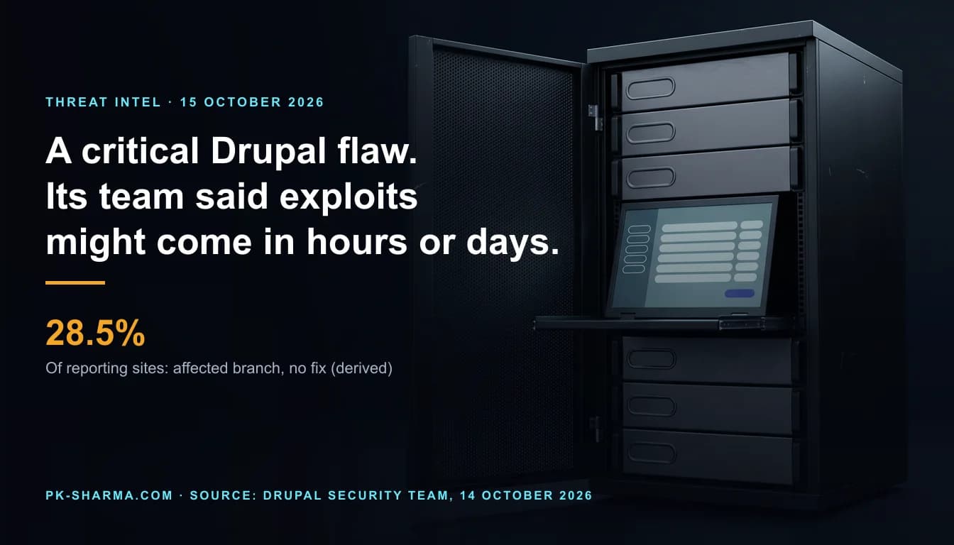 A dark equipment room with a black server rack on the right and its mesh door swung open. Six identical grey servers carry blank pill-shaped nameplate wells, and a pull-out console shows a dim admin screen made only of empty rows and one indigo button. The left half is empty dark blue, with the headline: a critical Drupal flaw, its team said exploits might come in hours or days, and the figure 28.5%, of reporting sites, affected branch, no fix.
