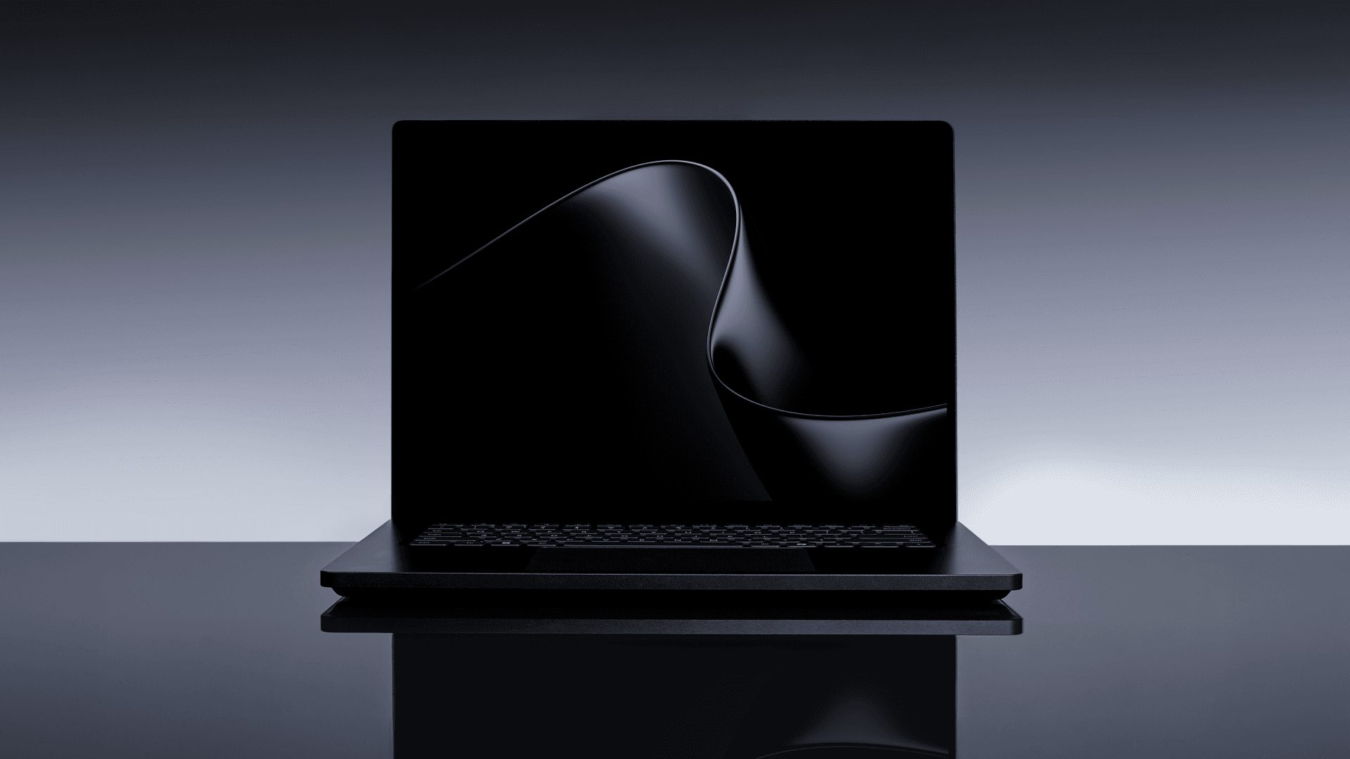 Microsoft Surface Laptop Ultra opened with a dark abstract graphic on its screen.