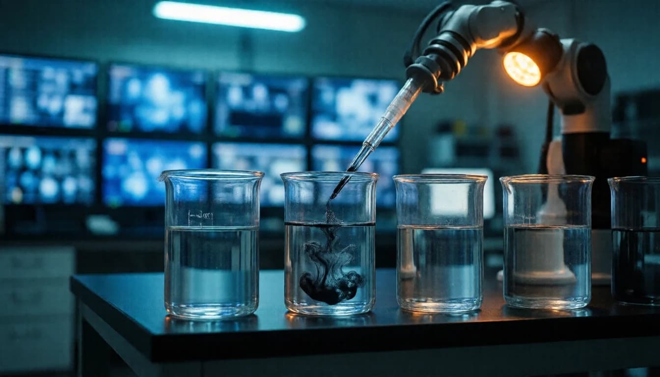 A row of laboratory beakers of water, one clouded by spreading ink, with a robotic arm holding a pipette above them.