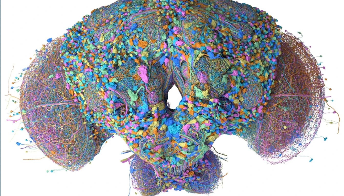 Complete male fruit fly central nervous system connectome rendered as a dense multicoloured network against a dark background.