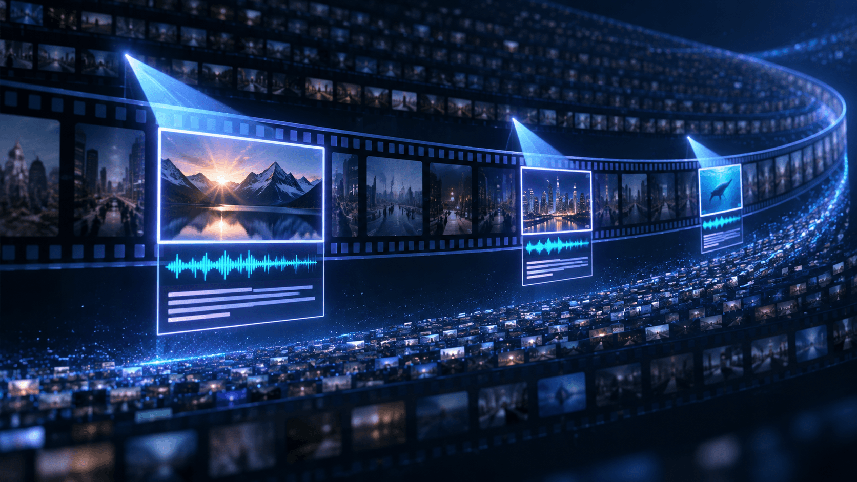 An intelligent scanning light selects a few relevant moments from a vast curved video timeline.
