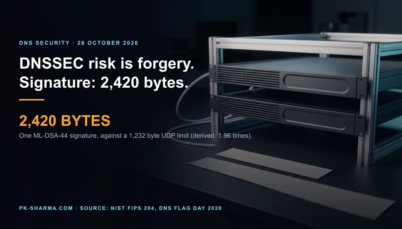 Two matte black rack servers stacked in a short open aluminium frame on a dark bench, each with a blank recessed label plate, and a pale cable looping to the bench. In front lie two blank paper strips, one about twice the length of the other. The left half is dark blue with the headline DNSSEC risk is forgery, Signature 2,420 bytes, and the figure 2,420 bytes.